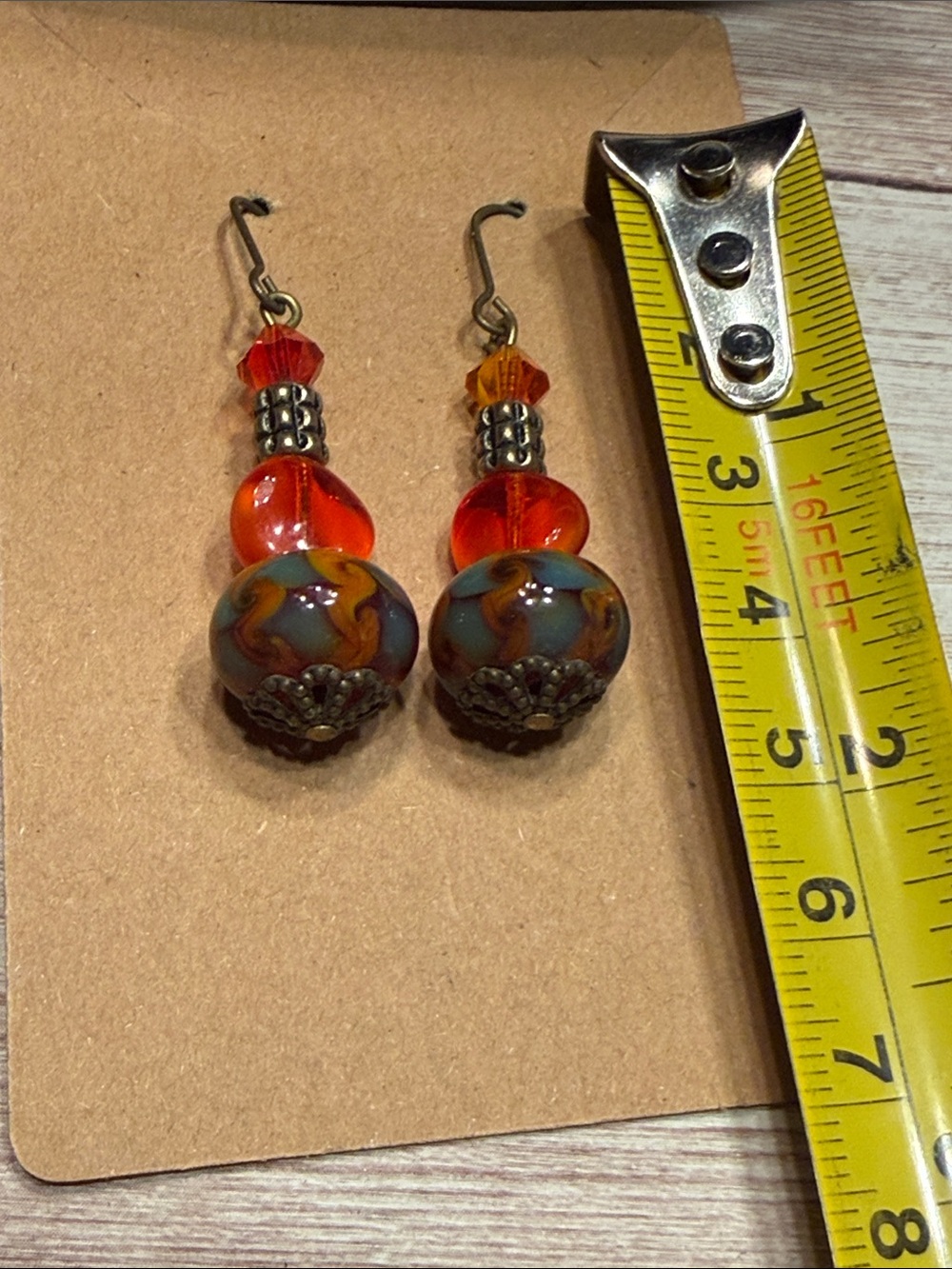 Handmade Orange Swirl Glass Bead Drop Earrings - Picture 3 of 3